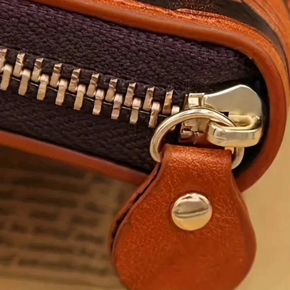 BROWN LEATHER $100 BILL EMBOSSED WALLET ZIP AROUND HOLDS MANY ITEMS RFID PROTECT